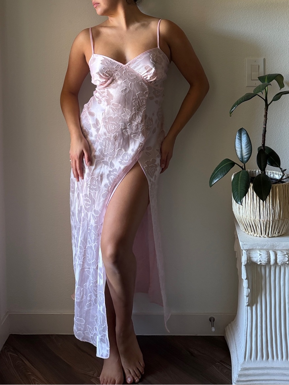 Victoria Secret vintage Sheer Floral Lace Slip Dress - Light Pink